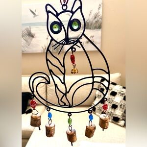 Iron Cat Wind Chime with Green Glass Eyes, Rustic Bells & Colorful Glass Beads